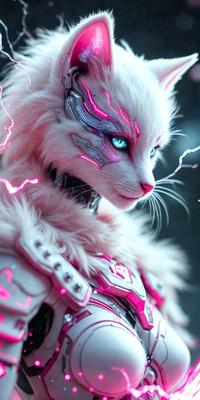 The primary subject of the image is a white cat with pink eyes, wearing a futuristic outfit. The cat is the main focus of the image, and it appears to be a digital art or illustration. The setting is a dark background, which contrasts with the bright pink eyes of the cat. The overall atmosphere of the image is futuristic and whimsical, with the cat's unique appearance and the pink eyes adding a touch of fantasy to the scene.